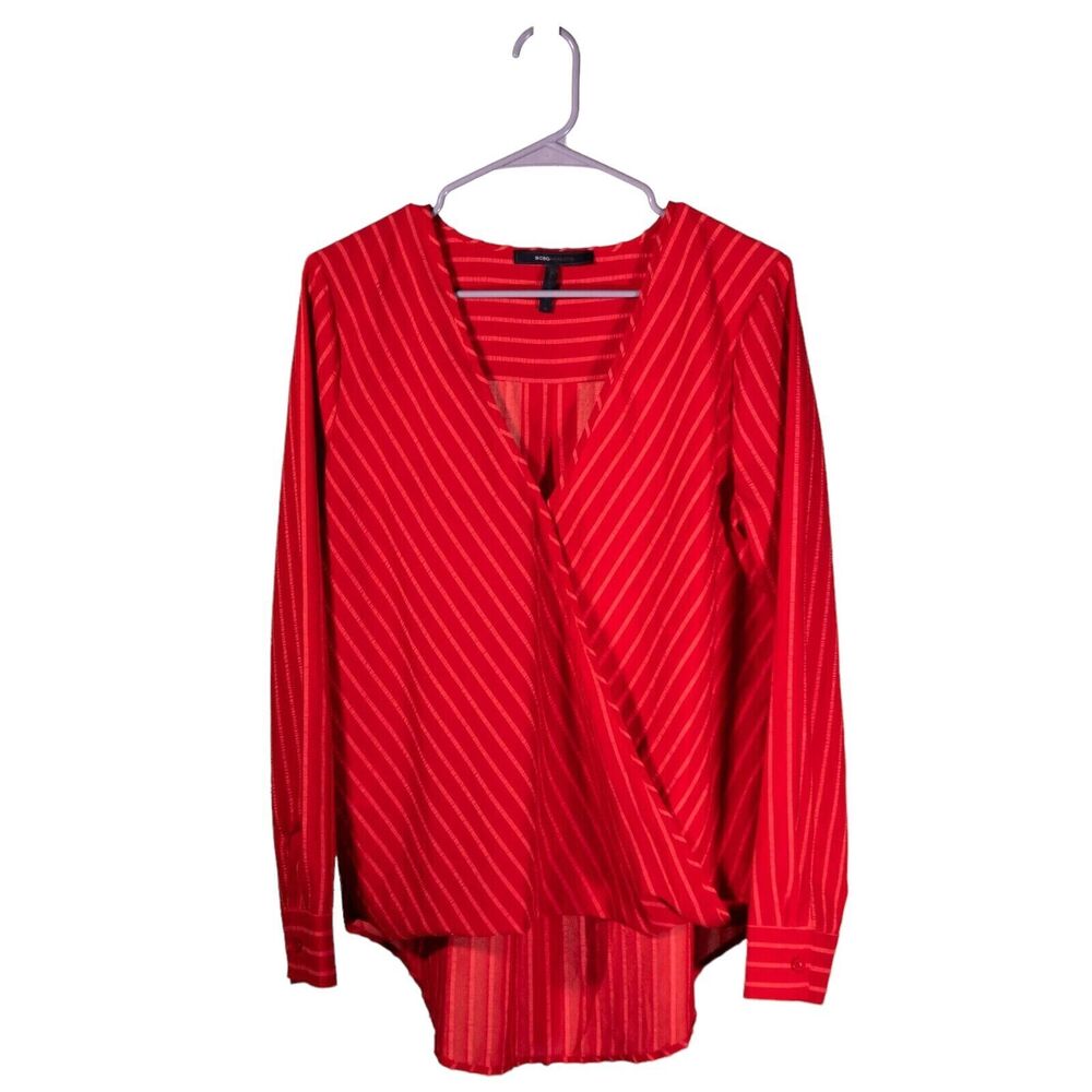 BCBG Maxazria Women's Blouse Orange Striped V-Neck Faux Wrap Long Sleeve Top M